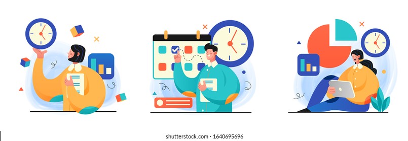 Time management illustrations. concept illustrations of people successfully organizing their tasks and appointments. Perfect for web design, banner, mobile app, landing page. Vector