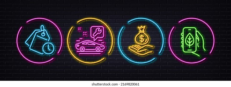 Time management, Income money and Car service minimal line icons. Neon laser 3d lights. Ecology app icons. For web, application, printing. Clock tags, Savings, Repair service. Vector