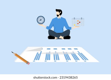 time management to increase productivity, Self-discipline or self-control to get work done or achieve business targets, entrepreneurs meditate balancing clocks and calendars on completed task papers.