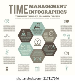 Time management infografic layout poster with team work strategy list to-do planning and alarm clock vector illustration