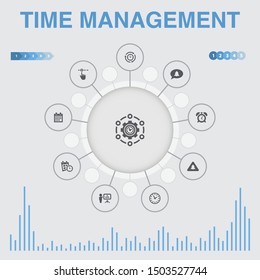 Time Management infographic with icons. Contains such icons as efficiency, reminder, calendar