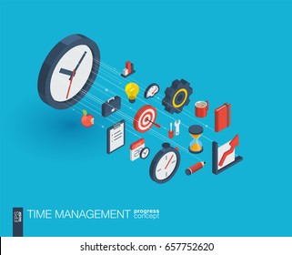 Time Management Integrated 3d Web Icons. Digital Network Isometric Progress Concept. Connected Graphic Design Line Growth System. Abstract Background For Business Strategy, Plan. Vector Infograph