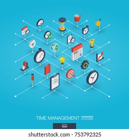 Time Management Integrated 3d Web Icons. Digital Network Isometric Interact Concept. Connected Graphic Design Dot And Line System. Abstract Background For Business Strategy, Plan. Vector Infograph