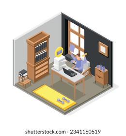 Time management isometric composition with multitasking male character sitting in office with laptop vector illustration