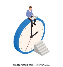 Time management isometric conceptual icon with businessman sitting on giant clock 3d vector illustration