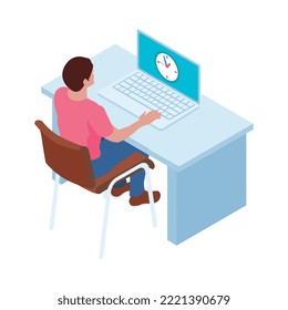 Time management isometric icon with man working on laptop with clock on screen 3d vector illustration