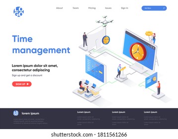 Time management isometric landing page. Effective planning workflow and performing tasks isometry concept. Adherence to deadlines, high work productivity. Vector illustration with people characters.