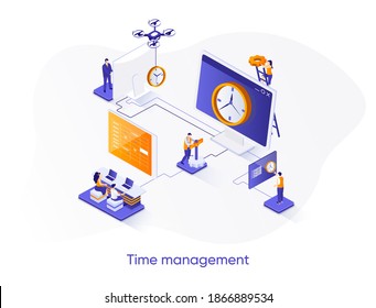 Time management isometric web banner. Effective planning workflow, performing tasks isometry concept. Adherence to deadlines, high work productivity 3d scene. Vector illustration with people character