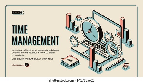 Time management landing page. Laptop with office gears and watches, task prioritizing, organization for effective productivity. Optimization planning time isometric vector illustration line art banner