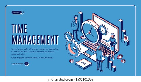 Time management landing page. Laptop with office gears and watches, task prioritizing, organization for effective productivity. Optimization planning time isometric vector illustration line art banner