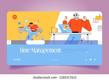 Time management landing page with office workers man and woman sitting at desks with laptops and documents. Successful employee rejoice, busy clerks at their workplace, Line art flat vector web banner