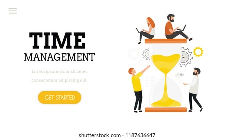 Time management.  Landing page template. Modern flat design concept of web page design  with cute Hourglass and people.