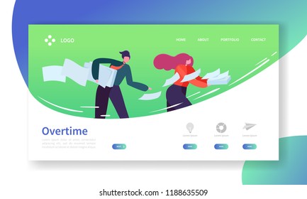 Time Management Landing Page Template. Overtime Website Layout with Flat People Characters Rushing. Easy to Edit and Customize Mobile Web Site. Vector illustration