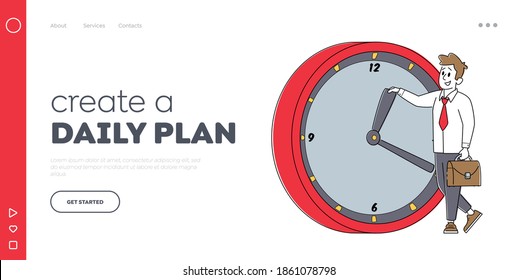 Time Management Landing Page Template. Businessman Character Stand at Huge Clock. Procrastination, Lack of Time, Work Productivity, Deadline, Business Working Organization. Linear Vector Illustration