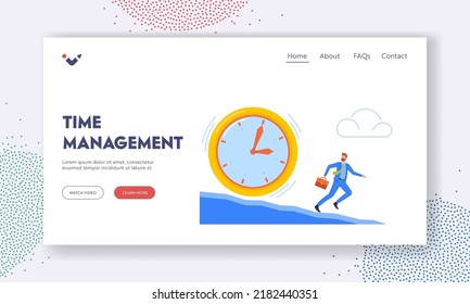Time Management Landing Page Template. Deadline, Lack of Time, Work Stress Concept. Business Man Escape from Huge Clock Rolling Down from Mountain, Anxious Businessman. Cartoon Vector Illustration