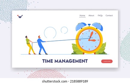 Time Management Landing Page Template. Business Characters Trying to Stop or Slowdown Time Pulling Alarm Clock Arrows with Strap, Men Hard Drudge, Overtime Work. Cartoon People Vector Illustration