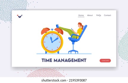 Time Management Landing Page Template. Businesswoman Sitting on Chair with Legs on Huge Alarm Clock Chatting in Internet. Time Loosing, Lazy Employee Procrastinate at Work. Cartoon Vector Illustration