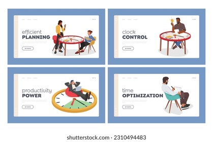 Time Management Landing Page Template Set. Business Team Characters Works At Table Made Of Huge Clock, Emphasizing The Importance Of Efficient Organization Of Time. Cartoon People Vector Illustration