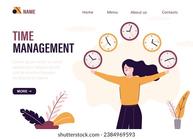 Time management, landing page template. Punctuality or work deadline, schedule plan or reminder, productivity, timer countdown. Confident businesswoman expert juggling clock. Office day, workflow. - Powered by Shutterstock - Get 15% off with code: PIKWIZARD15