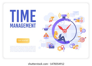 Time management landing page vector template. Workflow organization website homepage interface layout with flat vector illustrations. Work efficiency, productivity increase web banner cartoon concept