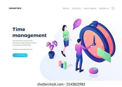 Time management landing page vector template. Workflow productivity increase website homepage interface idea with isometric illustrations. Corporate schedule planning web banner 3D cartoon concept