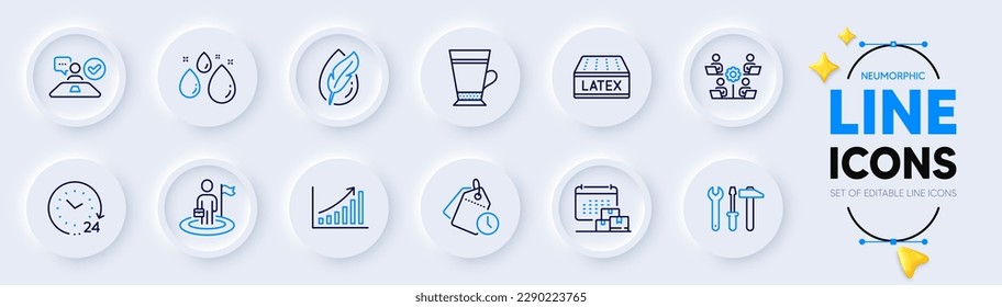 Iconos de línea de entrevista de tiempo, latte y trabajo para aplicación web. Envase de Graph chart, colchón de látex, íconos de pictograma sometidos a prueba hipoalergénica. Trabajo en equipo, 24 horas, carteles del calendario de entrega. Vector