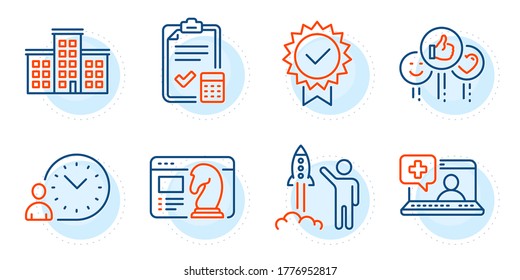 Time management, Like and Accounting checklist signs. Company, Launch project and Seo strategy line icons set. Certificate, Medical help symbols. Building, Business innovation. Vector