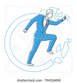 Time management - line design style isolated illustration on white background with clock silhouette. Metaphorical image of a successful businessman breaking the circle of time