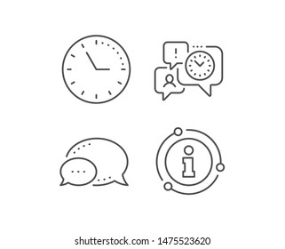 Time management line icon. Chat bubble, info sign elements. Clock sign. Watch symbol. Linear time management outline icon. Information bubble. Vector