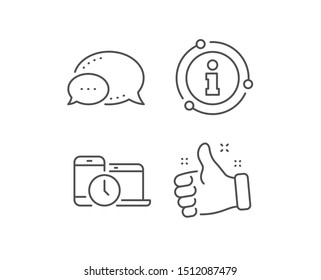 Time management line icon. Chat bubble, info sign elements. Clock sign. Mobile devices symbol. Linear time management outline icon. Information bubble. Vector