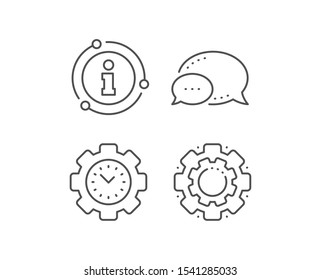 Time management line icon. Chat bubble, info sign elements. Clock sign. Gear symbol. Linear time management outline icon. Information bubble. Vector
