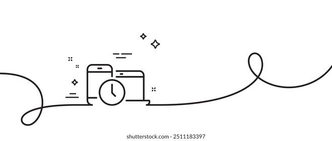 Icono de línea de gestión de tiempo. Línea continua con rizo. Señal del reloj. Símbolo de dispositivos móviles. Cinta de contorno único de gestión del tiempo. Patrón de curva de bucle. Vector