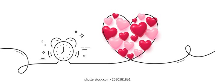 Time management line icon. Continuous line big heart. Alarm clock sign. Watch symbol. 3d hearts in heart shaped loop. Time management single line ribbon. Loop curve pattern. Vector