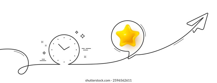 Time management line icon. Continuous line with share plane. Clock sign. Watch symbol. 3d star in speech bubble. Time single line ribbon. Loop curve pattern. Vector