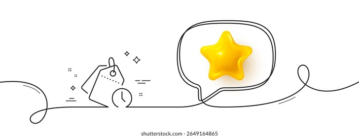 Icono de línea de gestión de tiempo. Línea continua con estrella 3D. Signo de etiquetas de reloj. Símbolo de reloj. Estrella 3D en la burbuja del discurso. Cinta de una sola línea de administración de tiempo. Patrón de curva de bucle. Vector