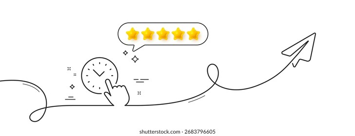 Time management line icon. Continuous line with share plane. Clock sign. Watch symbol. Five star rate review in speech bubble. Time management single line ribbon. Loop curve pattern. Vector