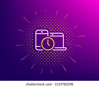 Time management line icon. Halftone pattern. Clock sign. Mobile devices symbol. Gradient background. Time management line icon. Yellow halftone pattern. Vector
