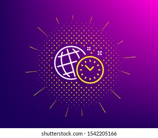 Time management line icon. Halftone pattern. World clock sign. Watch symbol. Gradient background. Time management line icon. Yellow halftone pattern. Vector