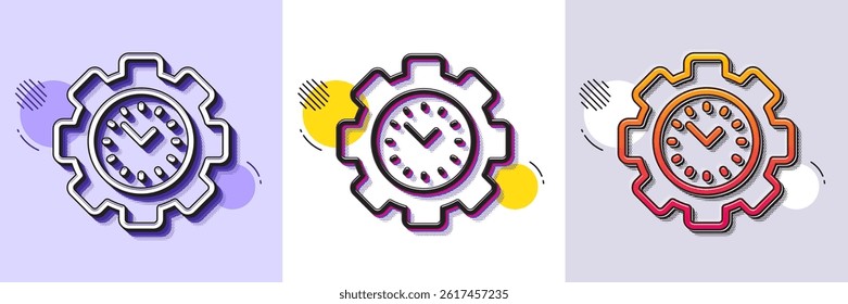 Time management line icon. Halftone dotted pattern. Gradient icon with grain shadow. Clock sign. Gear symbol. Line time management icon. Various designs. Vector