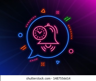 Time management line icon. Neon laser lights. Alarm clock sign. Watch symbol. Glow laser speech bubble. Neon lights chat bubble. Banner badge with time management icon. Vector