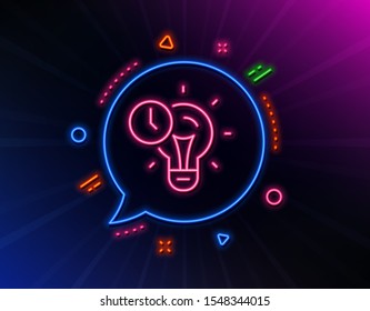 Time management line icon. Neon laser lights. Idea lightbulb sign. Clock symbol. Glow laser speech bubble. Neon lights chat bubble. Banner badge with time management icon. Vector