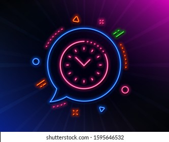 Time management line icon. Neon laser lights. Clock sign. Watch symbol. Glow laser speech bubble. Neon lights chat bubble. Banner badge with time management icon. Vector