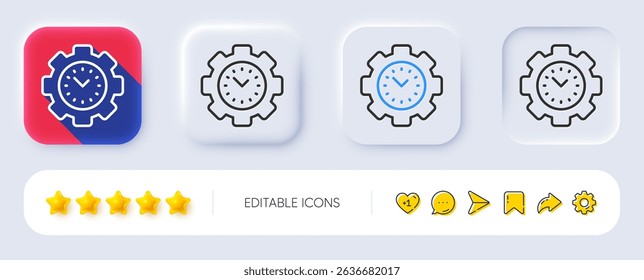 Time management line icon. Neumorphic, Flat shadow, 3d buttons. Clock sign. Gear symbol. Line time management icon. Social media icons. Vector