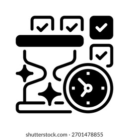 Icono de línea de gestión del tiempo, símbolo de esquema para planificación de productividad, Organización de programas, priorización de tareas, logro de objetivos y eficiencia del flujo de trabajo. Icono de signo de Vector.