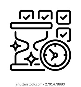 Icono de línea de gestión del tiempo, símbolo de esquema para planificación de productividad, Organización de programas, priorización de tareas, logro de objetivos y eficiencia del flujo de trabajo. Icono de signo de Vector.