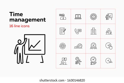 Time management line icon set. Clock, watch, gear, office worker. Business concept. Can be used for topics like schedule, daily routine, deadline