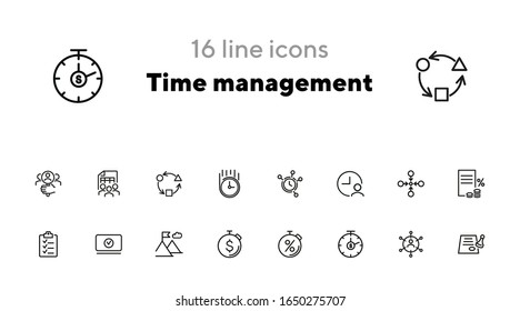 Conjunto de iconos de línea de administración de tiempo. Reloj, reloj, cronómetro. Concepto de negocio. Se puede utilizar para temas como fecha límite, planificación, inicio
