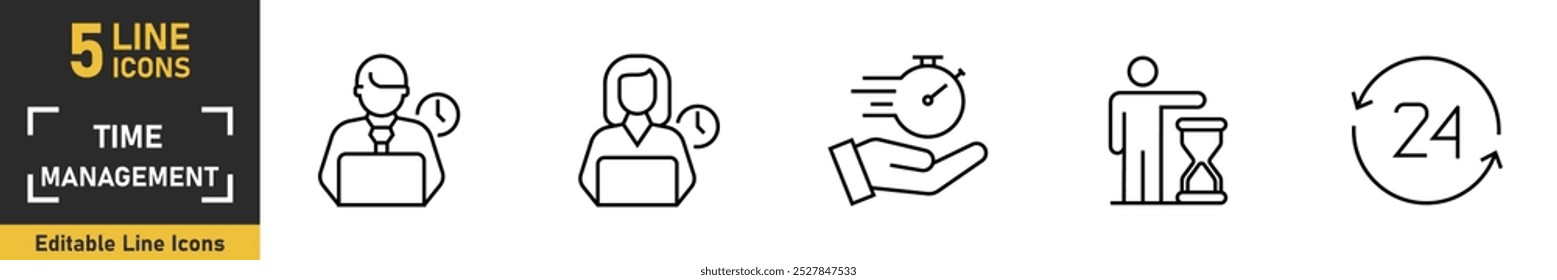 Zeitverwaltungs-Liniensymbol festgelegt. Set von 5 Gliederungssymbolen zum Thema Zeitmanagement und mehr. Vektorgrafik.