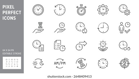 Ícone de linha de gerenciamento de tempo definido. A ilustração vetorial inclui ícone - prazo, cronômetro, ampulheta, metrônomo, atraso, pictograma de contorno de pontualidade para dias úteis. Perfeito 64x64 pixels, traçado editável.