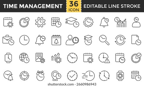 Time Management Line Icon Set. Pixel Perfect and Outline Editable Stroke Icons collection for Schedule, To-Do List, Task, Planner, Calendar, Reminder, Timer, Deadline, Time Tracking, Productivity